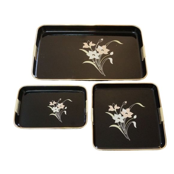 Vintage Japanese Lacquer Nesting Trays 3 Piece Serving Set Floral Gold Japan MCM - Picture 1 of 16